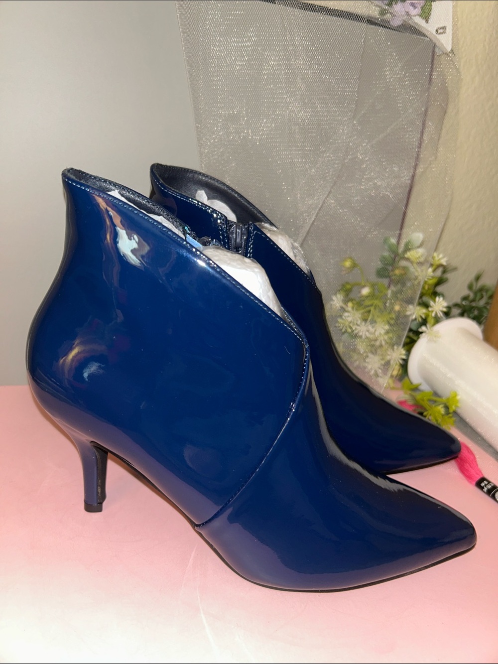 Allegra K Navy Patent Pointed Ankle Booties